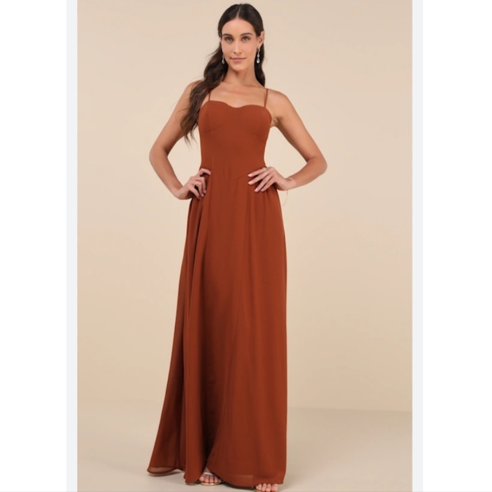 NEW! Lulu's Exuding Excellence Brown Sleeveless Bustier Maxi Dress Size S